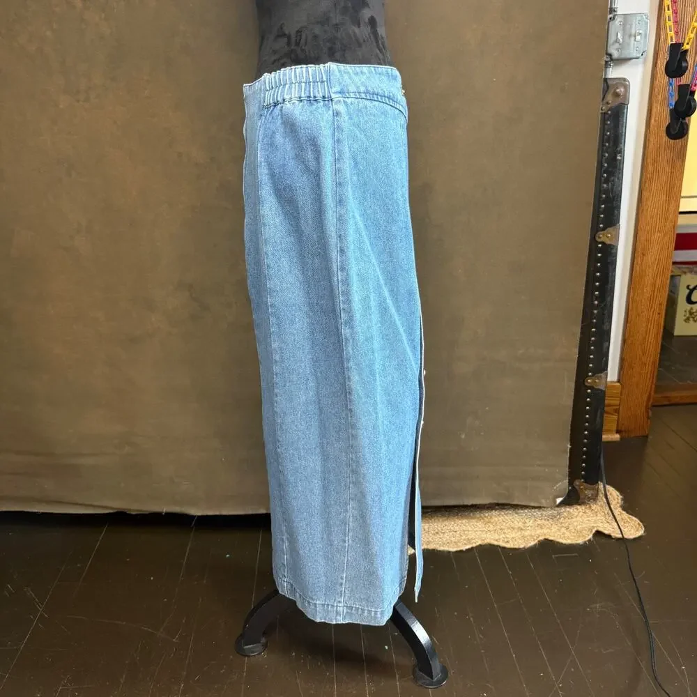 Vintage 80s 90s City Girl Sport Denim Skirt Women’s 14 High Waist Midi Blue Gold